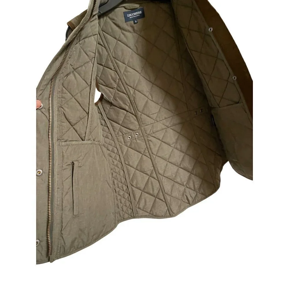 Lucchese Quilted Vest Size Small Green Brown Polyester Micro Suede Zipper Button - Picture 8 of 16